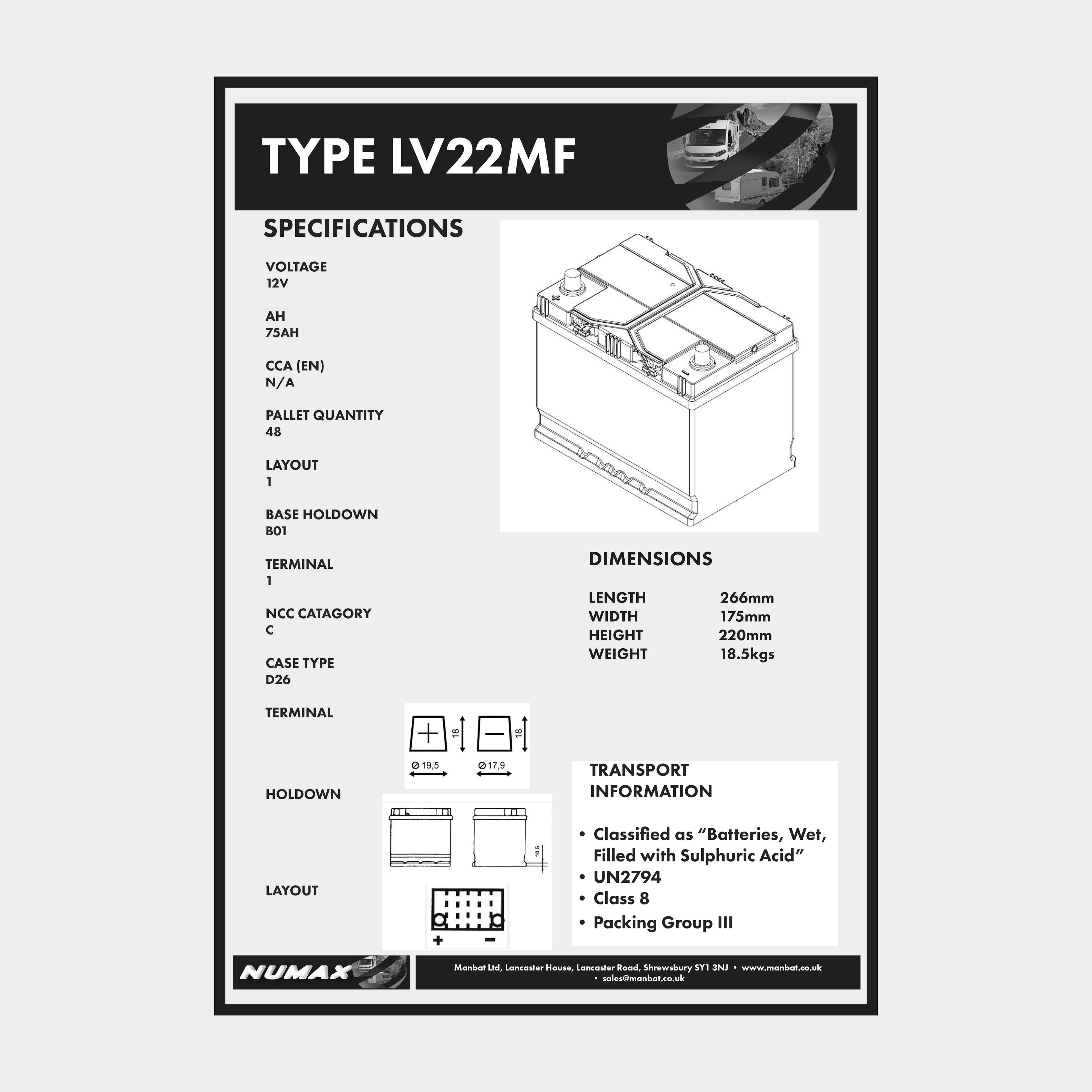 LV22MF 12V 75Ah Sealed Leisure Battery - Image 2